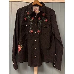 Country Royalty Black Embroidered Rose Eagle Western Shirt XL‎